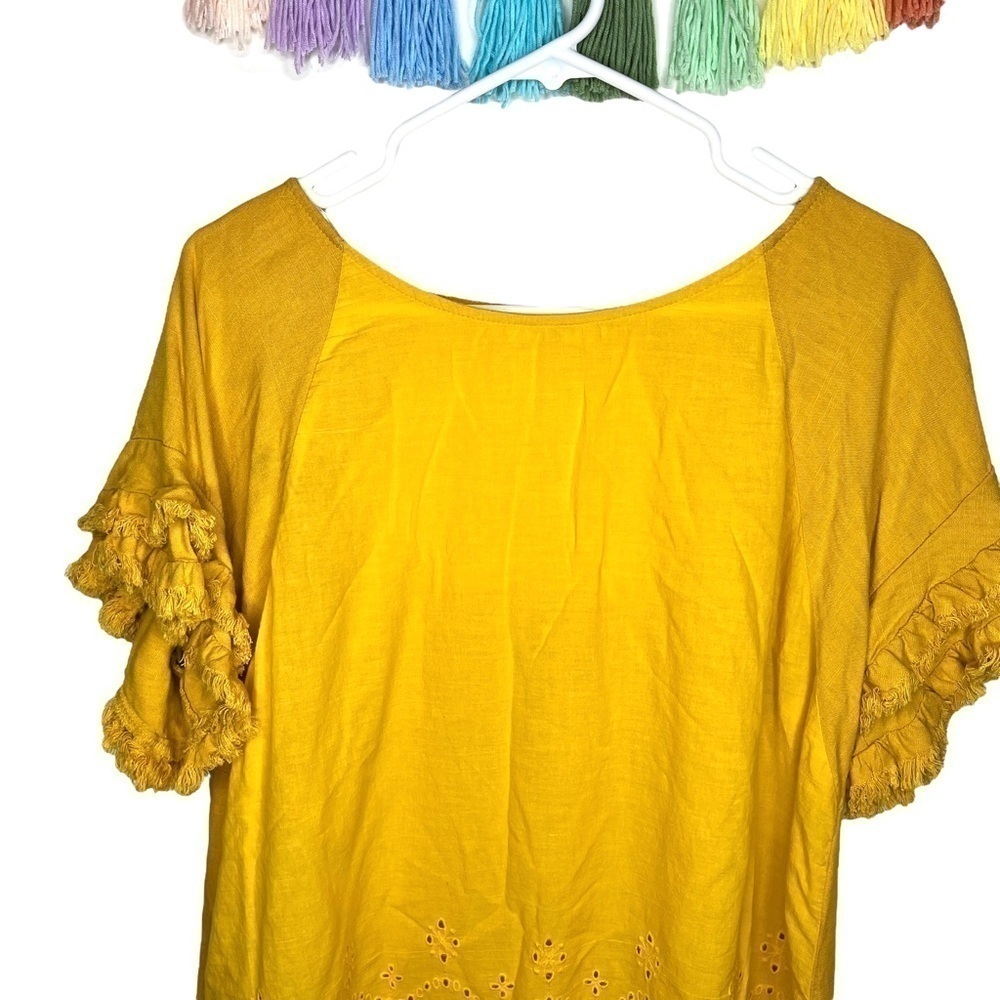 Umgee Yellow Eyelet Ruffle Scallop Raw Hem Oversized Short Sleeve Blouse Medium
